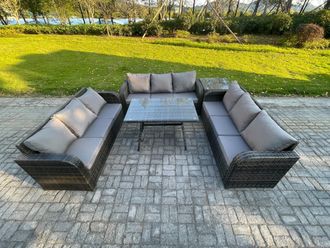 Fimous 9 Seater Wicker Rattan Garden Furniture Set with Rectangular Dining Table Side Table Patio Outdoor Lounge Sofa Set in Dark Grey