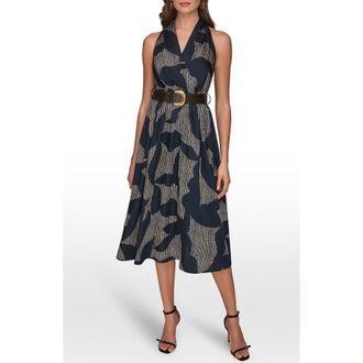 DKNY Print Belted Sleeveless Midi Dress in Nghtfal/Sand at Nordstrom, Size 10