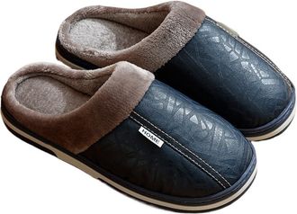 Generic Mens Slippers Winter Big Size Indoor Waterproof PU Leather Large Sizes Home Cotton Shoes Fur Flat Bedroom Houseshoes(Blue,8.5 UK)