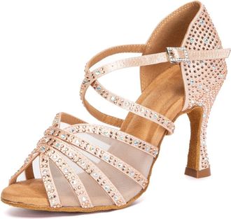 Minitoo Womens Salsa Ballroom Dancing Sandals Rhinestones Beaded Wedding Prom Shoes L652 Nude 9cm Heel UK 4.5