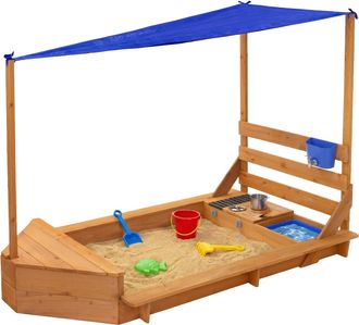 ML Design Ml-design Arenero Para Ni&ntilde;os Exterior, Dise&ntilde;o De Barco, Arenero Infantil De Madera Maciza Con Techo Y Cocina De Barro, Caja De Arena Con 2 Bancos, Pro