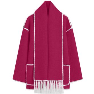 Generic Wool Coat for Women Solid Color Fleece Jacket Woolen Blend Thickened Shackets Jacket with Fringes Scarf Ladies Elegant Cardigan Coat Lightweight Shear