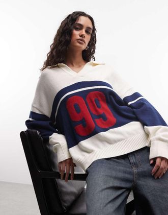 Abrand Maglione stile rugby color panna e blu navy a righe con numero 99-Neutro
