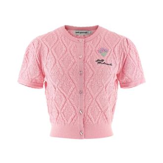 Self Portrait Cardigans, female, Pink, Size: M Crop Cardigan with Embroidery Flowers and Logo