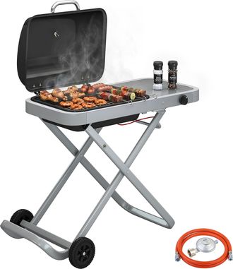 OUTSUNNY Barbacoa De Gas Plegable Con Quemador 2,5 Kw, Term&oacute;metro, Mesa Lateral, Parrilla De Hierro Fundido, Recogedor Grasa Y 2 Ruedas, Negro