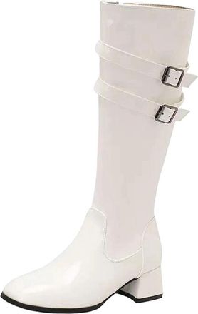 Generic Womens Knee High Boots Square Toe Medium Chunky Heel With Side Zipper And Belt Clasps For Daily Leisure Wear