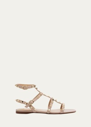Valentino Garavani Rockstud Leather Flat Ankle-Strap Sandals