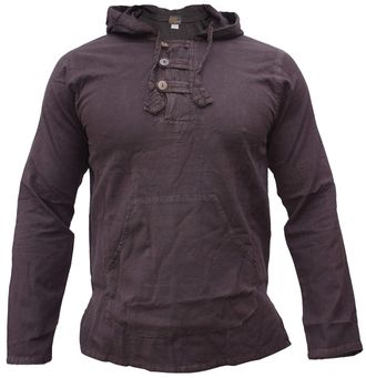 Gheri Enzyme Washed Plain Grandad Natural Cotton Front Pocket Pullover Classic Hoody Brown Medium