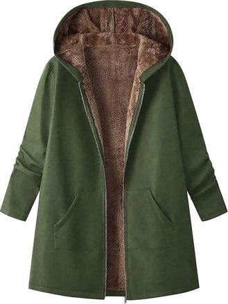 Generic Womens Winter Coat with Hood Warm Fleece Lined Fuzzy Full Zip Hooded Jacket Sweatshirts with Pockets Casual Mid Length Casual Ladies Warm Jumper Coats