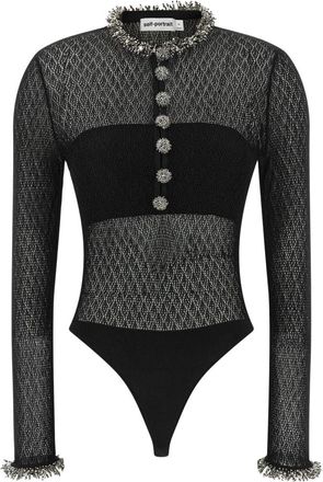 Self Portrait Pointelle Gebreide Bodysuit met Versieringen - Dames - Bodies - Zwart - XS - Polyester - Tops