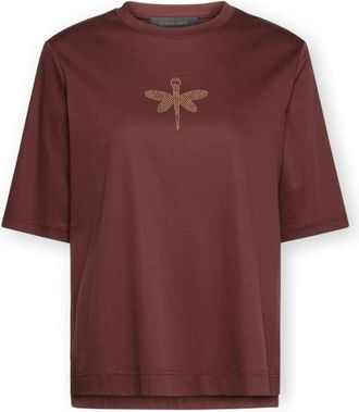 Elena Miro Katoenen T-shirt met libelapplicatie - Dames - T-shirts - Bruin - L - Katoen - Tops