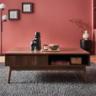 Sweeek Sweeek - Tavolino Scandinavo, Decoro In Legno Scanalato, 2 Nicchie, 1 Cassetto
