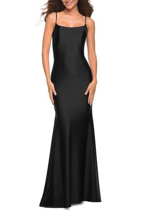 La Femme Chic Luxe Jersey Gown with Train and V Back in Black at Nordstrom, Size 0