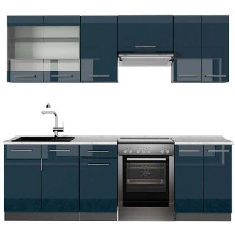 Vicco Mueble de cocina Fame-Line, Azul oscuro alto brillo/antracita, 240 cm, et Mármol
