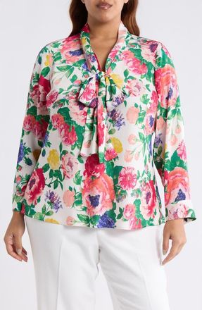 Tahari by ASL Floral Tie Neck Satin Top in Ivory Multi at Nordstrom, Size 2X