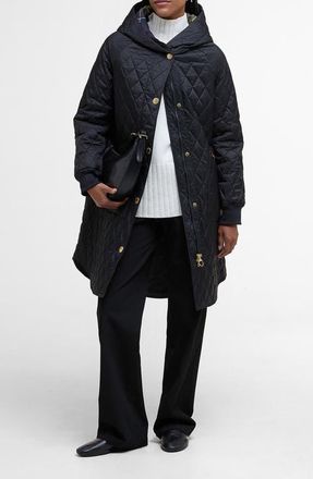 Barbour Hilary Longline Quilted Jacket in Black/Classic at Nordstrom, Size 10 Us