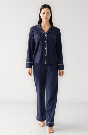 Salua Classic Luxury Pajamas in Brushed Pima Cotton in Midnight Blue/white at Nordstrom, Size X-Small