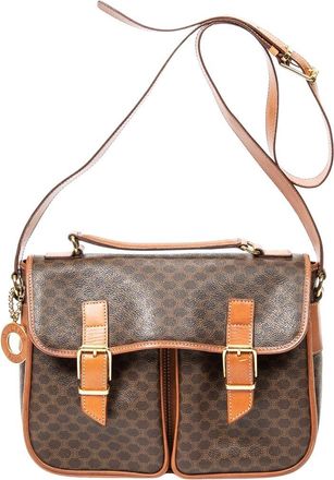 Celine Brown Macadam Coated Canvas Buckle Flap Satchel (Authentic Pre-Loved)