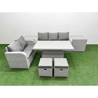Fimous 7 Seater pe Rattan Wicker Garden Furniture Patio Conservatory Sofa Set with Adjustable Lifting Dining or Coffee Table 3 Seater Sofa Love Sofa 2 Big