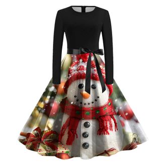 Generic Women Christmas Dress Santa Snowman Snowflake Print Long Sleeve O Neck Evening Party Dress Xmas Costume Swing Dresses Christmas Cosplay Mini (XL)