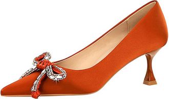 Generic Strappy Heels for Women Bowknot Pointed Stiletto Medium Heel Satin Single Shoes Wine Glass Heel Womens Single Shoes Womans Shoes Size 5 (Red, 6.5)