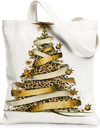 Generic Christmas Tree Canvas Tote Bags, Holiday Animal Print Lightweight Reusable Grocery Bags, Modern Chic Washable Shoulder Stra, White, 13x15 Inch