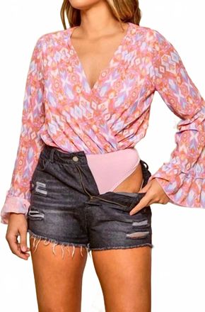 Peach Love California Aztec V-Neck Bodysuit In Pink