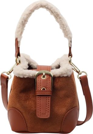 Generic Womens Plush Bags Fluffy Womens Bags Bucket Shoulder Handbag Autumn Winter Vintage Versatile Crossbody Bag(Brown)