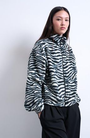 Topshop Zebra Zip Through Fleece Jacket in Black Multi at Nordstrom, Size X-Small