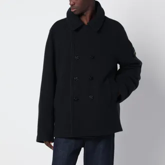 Stone Island Cappotto doppiopetto blu navy in lana e cashmere