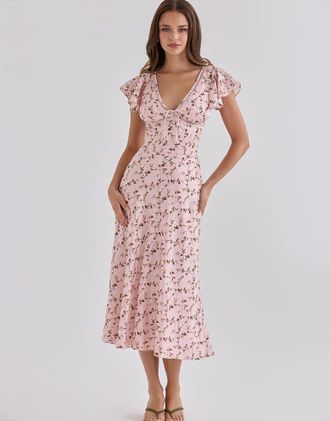 House of CB Raye - Vestito da giorno midi in raso rosa con stampa floreale vintage e scollo a V
