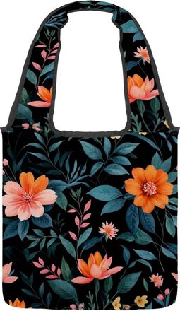 Generic Floral with Leaves Reversible Canvas Shoulder Tote - Double-Sided Print, 12oz Cotton, 27cm Drop, Fold-Flat Bag for Travel, Shopping, Street Outings