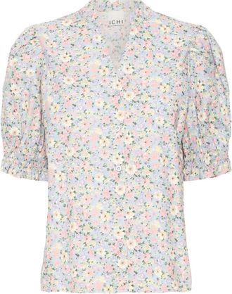 Ichi Bloemen V-hals Blouse - Flowers Stijl - Dames - Blouses - Veelkleurig - XL - Katoen - Overhemden