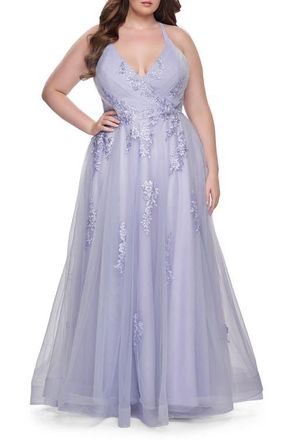 La Femme Plus Size A-line Tulle Dress with Floral Detailing in Light Periwinkle at Nordstrom, Size 24W