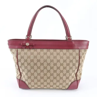 Gucci Beige Red Color Leather Canvas Shoulder Bag Tote Bag (Pre-Owned)