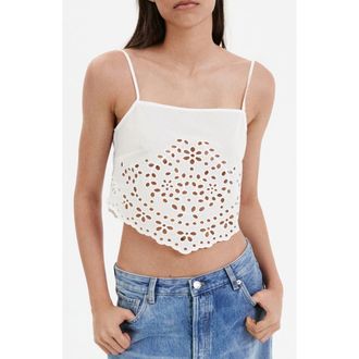 Mango Embroidered Eyelet Crop Top in Off White at Nordstrom, Size Medium