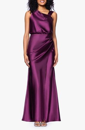 Betsy & Adam Ruched Charmeuse Trumpet Gown in Plum at Nordstrom, Size 12