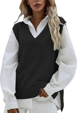 Generic Knitted Sleeveless Jumper Ladies Womens Black Sweater Vest Sleeveless Casual Pullover Knitwear Tops Knitted Vests Plain Tank Top Leisure Sweater Vest 