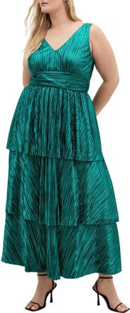 City Chic Metallic Tiered Maxi Dress in Emerald at Nordstrom, Size Xxl