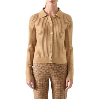 L.k. Bennett Willow Rib Merino Wool & Cotton Cardigan in Dark Almond at Nordstrom Rack, Size Xx-Large