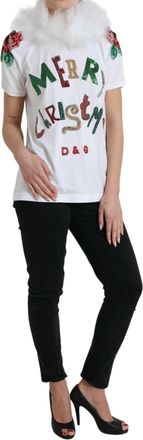 Dolce & Gabbana Womens White Cotton Christmas Sequin Fur T-Shirt