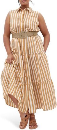 City Chic Clean Lines Belted Midi Dress in Terracotta Stripe at Nordstrom, Size Xs