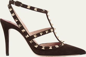 Valentino Garavani 100mm Rockstud Suede Ankle-Strap Pumps