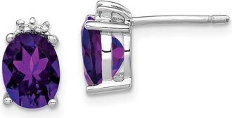 Diamond2Deal Sterling Silver Rhodium Plated Oval Amethyst and Diamond Stud Earrings