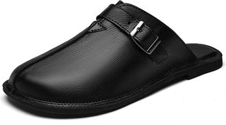 Generic Mens Leather Slides Sandals Comfortable Lightweight Closed Toe Anti-Slip Soft Bottom Slip On Slippers Summer Outdoor Casual Beach Sandals (Black,11.5)