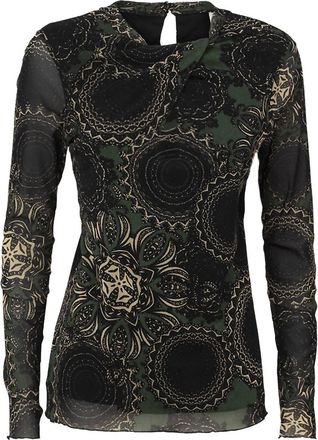 Summum Womens Long Sleeve Mesh Paisley Circles Top In Deep Green/black