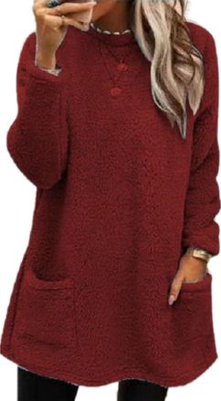 Generic Fall Trendy Womens Comfort Fleece Tops Warm Sherpa Lined Long Winter Tunic Pullover Casual Oversized Sweatshirt with Pockets (Wine Red,M)