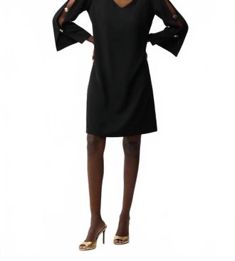 Joseph Ribkoff Button Accent Slit Sleeve Shift Dress In Black Gold
