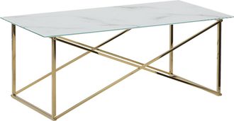 Beliani Mesa De Centro Rectangular Tablero De Vidrio Templado Con Efecto M&aacute;rmol Blanco Patas Doradas Base De Acero Inoxidable 100 X 50 Cm Glam Emporia