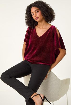 Roman Glitter Velvet Banded Hem Stretch Top